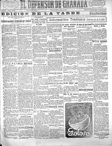 'El Defensor de Granada  : diario político independiente' - Año XLIX Número 25983 Ed. Tarde - 1928 Noviembre 09