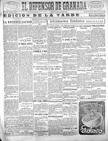'El Defensor de Granada  : diario político independiente' - Año XLIX Número 25985 Ed. Tarde - 1928 Noviembre 10