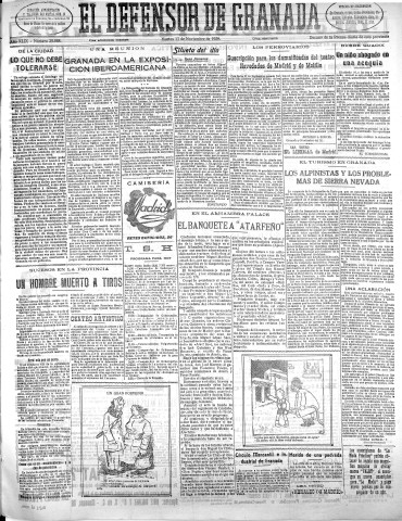 'El Defensor de Granada  : diario político independiente' - Año XLIX Número 25988 Ed. Mañana - 1928 Noviembre 13