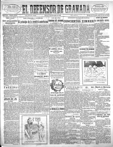 'El Defensor de Granada  : diario político independiente' - Año XLIX Número 25992 Ed. Mañana - 1928 Noviembre 15