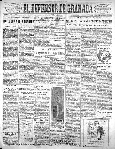 'El Defensor de Granada  : diario político independiente' - Año XLIX Número 25994 Ed. Mañana - 1928 Noviembre 16