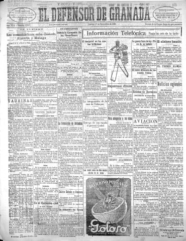 'El Defensor de Granada  : diario político independiente' - Año XLIX Número 25997 Ed. Tarde - 1928 Noviembre 17