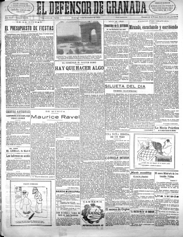 'El Defensor de Granada  : diario político independiente' - Año XLIX Número 25998 Ed. Mañana - 1928 Noviembre 18