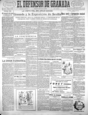 'El Defensor de Granada  : diario político independiente' - Año XLIX Número 26000 Ed. Mañana - 1928 Noviembre 20