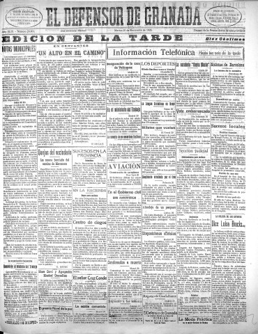 'El Defensor de Granada  : diario político independiente' - Año XLIX Número 26001 Ed. Tarde - 1928 Noviembre 20