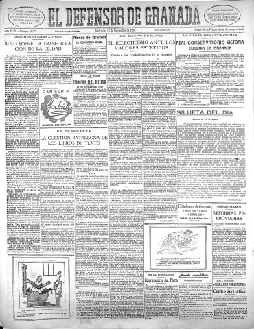 'El Defensor de Granada  : diario político independiente' - Año XLIX Número 26002 Ed. Mañana - 1928 Noviembre 21