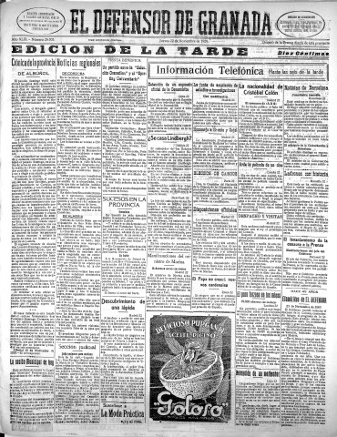 'El Defensor de Granada  : diario político independiente' - Año XLIX Número 26005 Ed. Tarde - 1928 Noviembre 22
