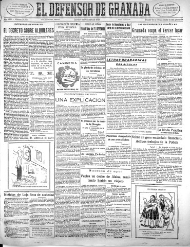 'El Defensor de Granada  : diario político independiente' - Año XLIX Número 26028 Ed. Mañana - 1928 Diciembre 06