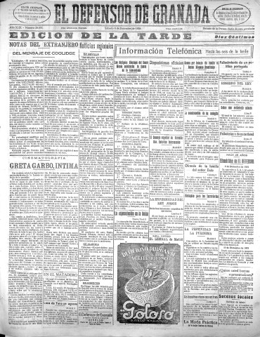 'El Defensor de Granada  : diario político independiente' - Año XLIX Número 26033 Ed. Tarde - 1928 Diciembre 08