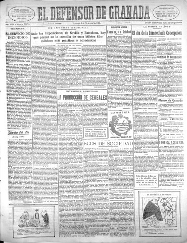'El Defensor de Granada  : diario político independiente' - Año XLIX Número 26034 Ed. Mañana - 1928 Diciembre 09