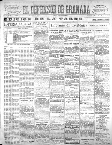 'El Defensor de Granada  : diario político independiente' - Año XLIX Número 26037 Ed. Tarde - 1928 Diciembre 11
