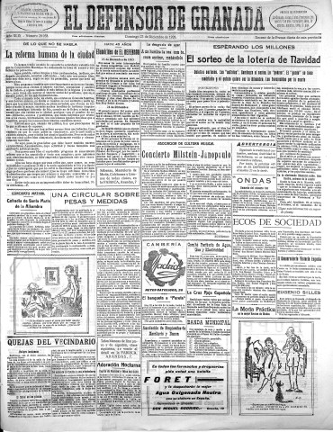 'El Defensor de Granada  : diario político independiente' - Año XLIX Número 26058 Ed. Mañana - 1928 Diciembre 23