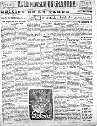 'El Defensor de Granada  : diario político independiente' - Año XLIX Número 26067 Ed. Tarde - 1928 Diciembre 29
