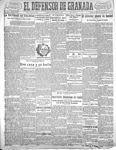 'El Defensor de Granada  : diario político independiente' - Año XLIX Número 26068 Ed. Mañana - 1928 Diciembre 30