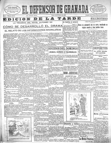 'El Defensor de Granada  : diario político independiente' - Año L Número 26161 Ed. Tarde - 1929 Febrero 18