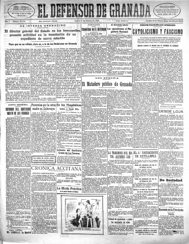'El Defensor de Granada  : diario político independiente' - Año L Número 26166 Ed. Mañana - 1929 Febrero 21
