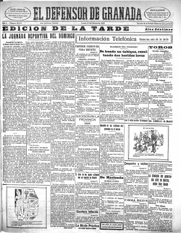 'El Defensor de Granada  : diario político independiente' - Año L Número 26173 Ed. Tarde - 1929 Febrero 25