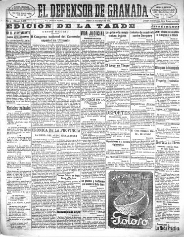 'El Defensor de Granada  : diario político independiente' - Año L Número 26175 Ed. Tarde - 1929 Febrero 26