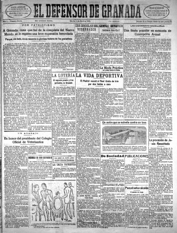 'El Defensor de Granada  : diario político independiente' - Año L Número 26232 Ed. Mañana - 1929 Abril 02
