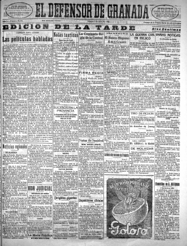 'El Defensor de Granada  : diario político independiente' - Año L Número 26239 Ed. Tarde - 1929 Abril 05
