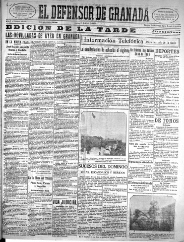 'El Defensor de Granada  : diario político independiente' - Año L Número 26256 Ed. Tarde - 1929 Abril 15