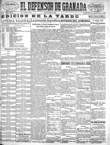 'El Defensor de Granada  : diario político independiente' - Año L Número 26266 Ed. Tarde - 1929 Abril 22