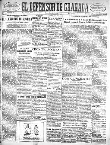 'El Defensor de Granada  : diario político independiente' - Año L Número 26267 Ed. Mañana - 1929 Abril 23