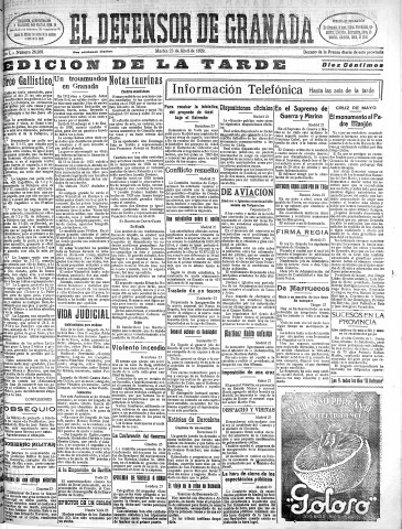 'El Defensor de Granada  : diario político independiente' - Año L Número 26268 Ed. Tarde - 1929 Abril 23