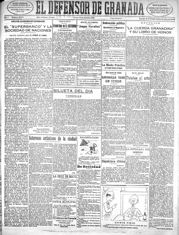 'El Defensor de Granada  : diario político independiente' - Año L Número 26271 Ed. Mañana - 1929 Abril 25