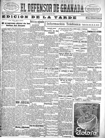 'El Defensor de Granada  : diario político independiente' - Año L Número 26272 Ed. Tarde - 1929 Abril 25
