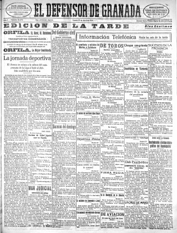 'El Defensor de Granada  : diario político independiente' - Año L Número 26278 Ed. Tarde - 1929 Abril 29