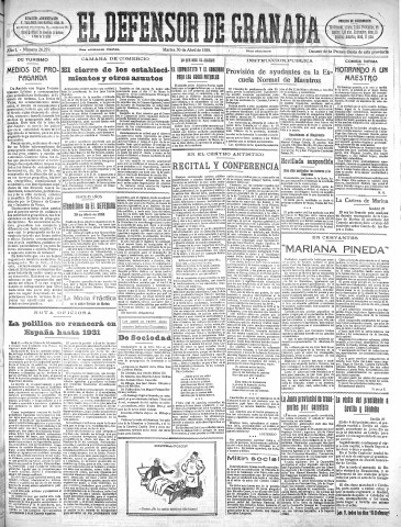 'El Defensor de Granada  : diario político independiente' - Año L Número 26279 Ed. Mañana - 1929 Abril 30
