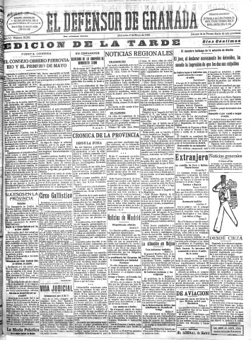 'El Defensor de Granada  : diario político independiente' - Año L Número 26292 Ed. Tarde - 1929 Mayo 08
