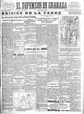 'El Defensor de Granada  : diario político independiente' - Año L Número 26306 Ed. Tarde - 1929 Mayo 20