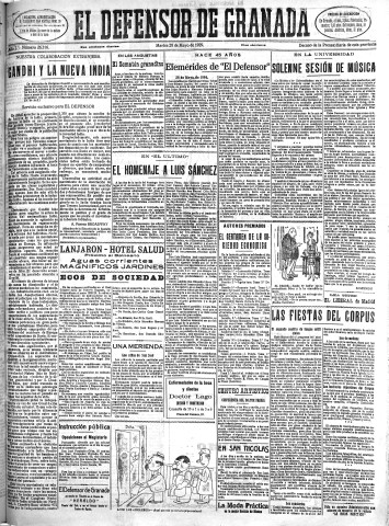 'El Defensor de Granada  : diario político independiente' - Año L Número 26316 Ed. Mañana - 1929 Mayo 28