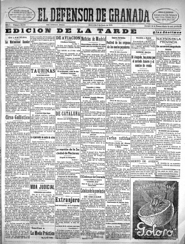 'El Defensor de Granada  : diario político independiente' - Año L Número 26339 Ed. Tarde - 1929 Junio 05
