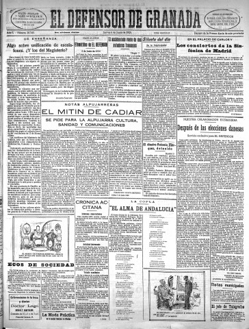 'El Defensor de Granada  : diario político independiente' - Año L Número 26340 Ed. Mañana - 1929 Junio 06