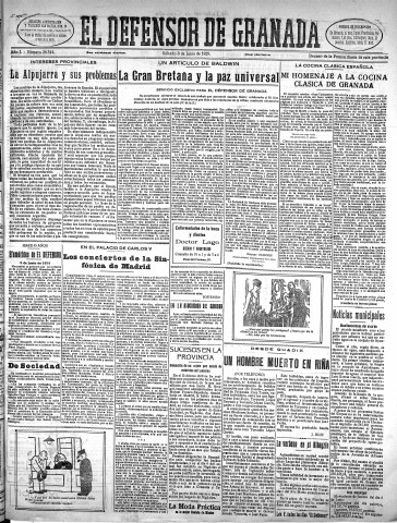'El Defensor de Granada  : diario político independiente' - Año L Número 26344 Ed. Mañana - 1929 Junio 08