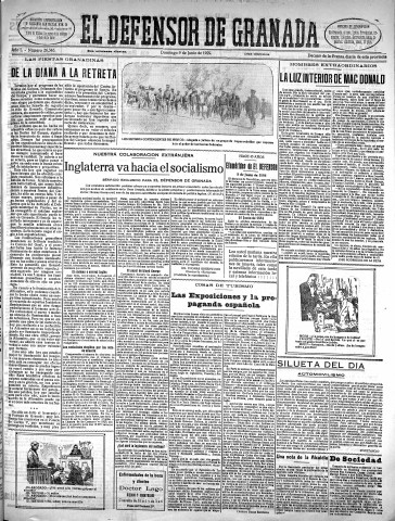 'El Defensor de Granada  : diario político independiente' - Año L Número 26346 Ed. Mañana - 1929 Junio 09