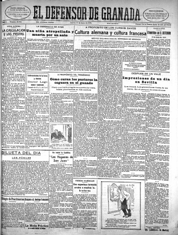 'El Defensor de Granada  : diario político independiente' - Año L Número 26352 Ed. Mañana - 1929 Junio 13
