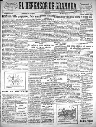 'El Defensor de Granada  : diario político independiente' - Año L Número 26356 Ed. Mañana - 1929 Junio 15