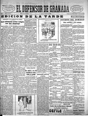 'El Defensor de Granada  : diario político independiente' - Año L Número 26359 Ed. Tarde - 1929 Junio 17