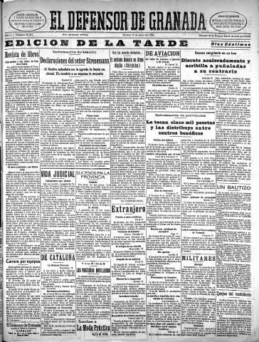 'El Defensor de Granada  : diario político independiente' - Año L Número 26361 Ed. Tarde - 1929 Junio 18