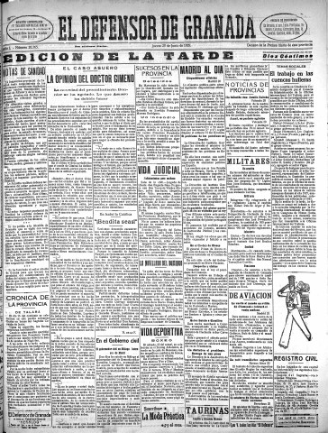 'El Defensor de Granada  : diario político independiente' - Año L Número 26365 Ed. Tarde - 1929 Junio 20