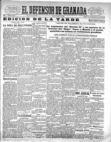 'El Defensor de Granada  : diario político independiente' - Año L Número 26390 Ed. Tarde - 1929 Julio 04