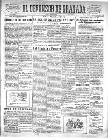 'El Defensor de Granada  : diario político independiente' - Año L Número 26391 Ed. Mañana - 1929 Julio 05