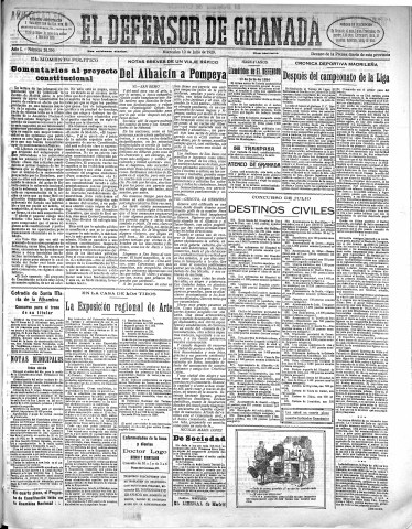 'El Defensor de Granada  : diario político independiente' - Año L Número 26399 Ed. Mañana - 1929 Julio 10