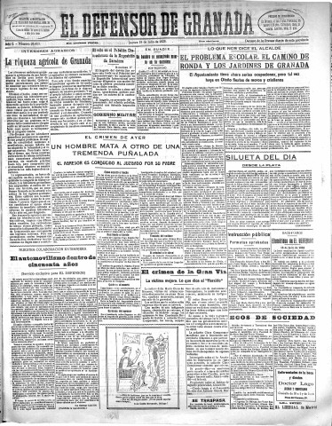 'El Defensor de Granada  : diario político independiente' - Año L Número 26413 Ed. Mañana - 1929 Julio 18