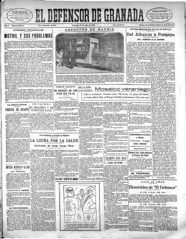 'El Defensor de Granada  : diario político independiente' - Año L Número 26419 Ed. Mañana - 1929 Julio 21
