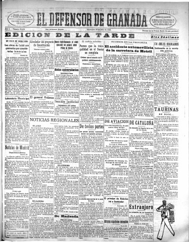 'El Defensor de Granada  : diario político independiente' - Año L Número 26424 Ed. Tarde - 1929 Julio 24